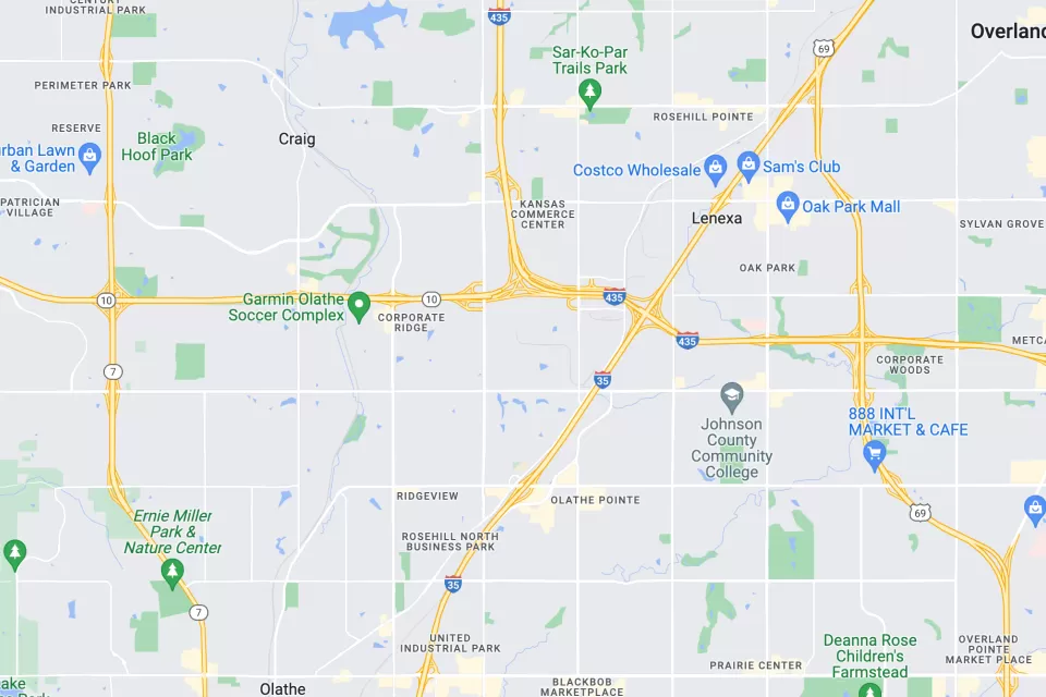A map view of K-10 where it cuts across Johnson County, Kansas.